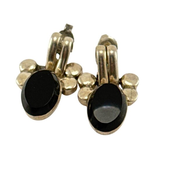 Vintage Mexican Sterling Silver Onyx Post Earrings Taxco Modernist Design - Picture 5 of 8